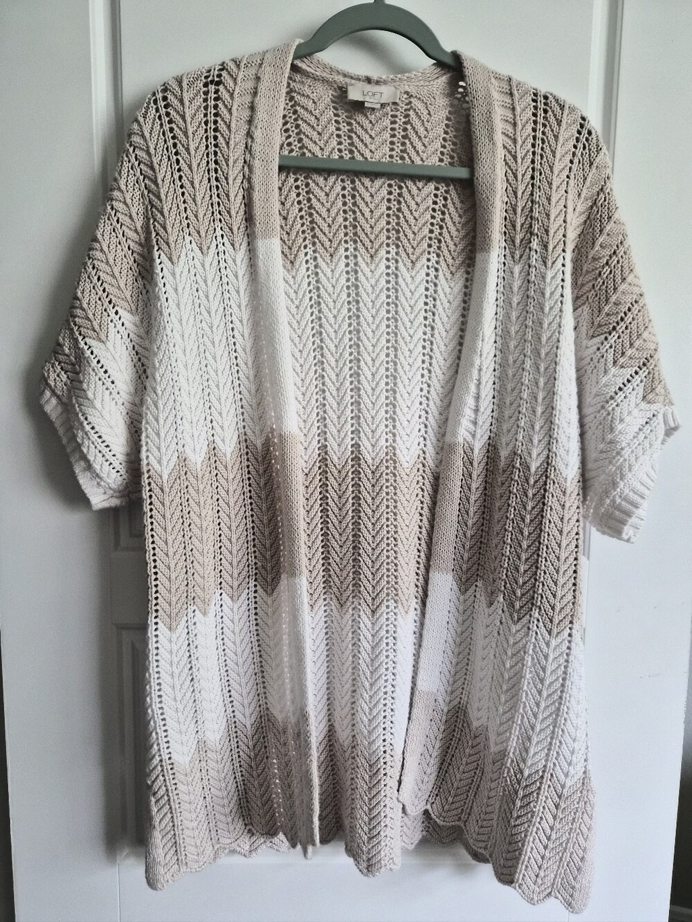 LOFT Women's Beige and White Open Knit Boho Cardigan Swimsuit Cover Up